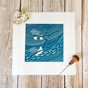 Flowing friends Original linocut print of two women swimming underwater image 2