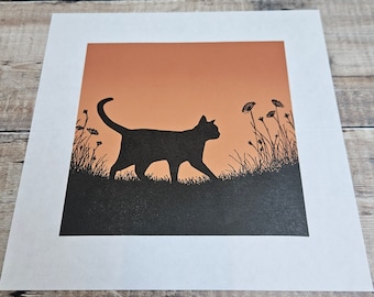 猫のシルエットリノカット版画：オリジナル限定版アート - Etsy 日本