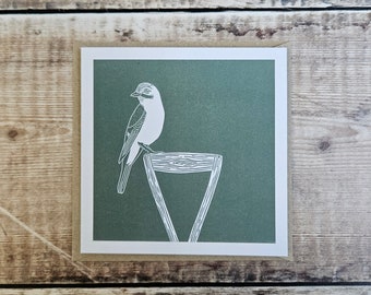 Grußkarte mit Linolschnitt-Motiv „Häher“: Gartenkunst, Recyclingpapier