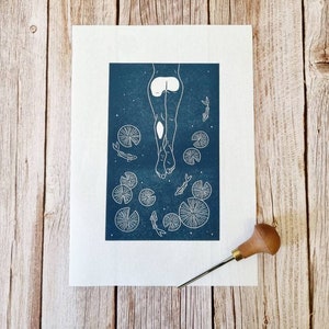 Floating - Original linocut print inspired by wild swimming in a natural pond