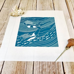 Flowing friends Original linocut print of two women swimming underwater image 8