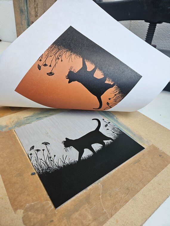 猫のシルエットリノカット版画：オリジナル限定版アート - Etsy 日本