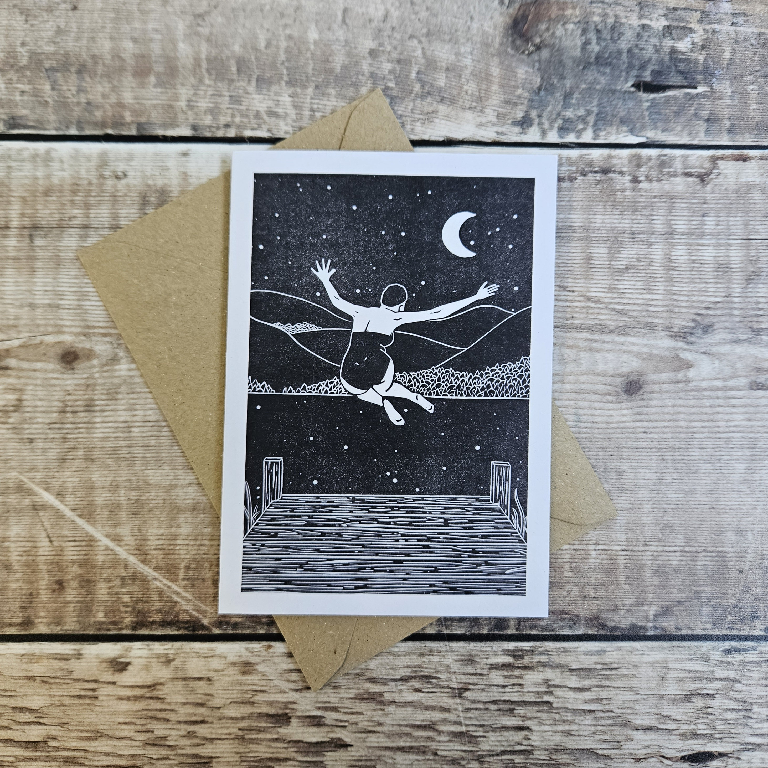 Moonlit Joy - Single greetings card inspired by wild swimming with recycled brown envelope (blank inside)