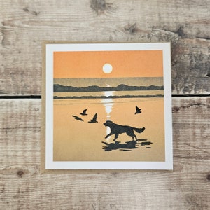 Giving Chase - Doppelte quadratische Grußkarte mit einem Hund der Vögel jagt am Strand in einem recycelten braunen Umschlag (innen leer)