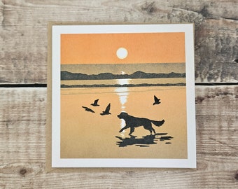 Giving Chase Greetings Card: Dog Chasing Birds, Beach, Linocut Art, Recycled