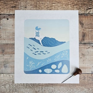 Sea Swimmer Linocut Print: Ocean Art