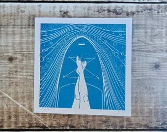 Glide Greetings Card: Summer Linocut Art, Paddleboarding, Recycled Card