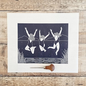 Three for Joy- Original open edition linocut print of three women jumping into water