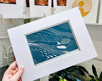 With the flow II-  Original linocut print inspired by wild swimming adventures in the great outdoors