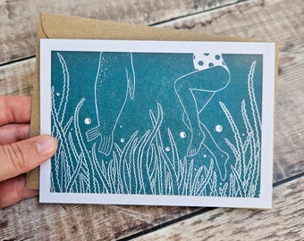 Oh! Hello Greetings Card: Seal Design, Wild Swimming, Sea, Linocut Artwork, Recycled Card