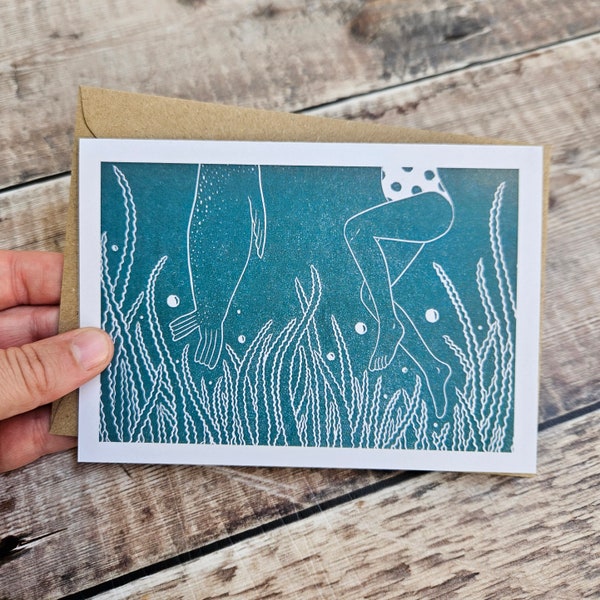 Oh! Hello - Single greetings card inspired by wild swimming with recycled brown envelope (blank inside)