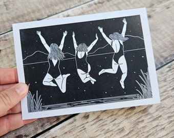 Three For Joy Greetings Card: Wild Swimming, Outdoors, Linocut Art, Recycled Card