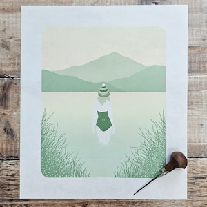 Still Water Original reduction linocut print of a wild swimmer Limited edition of 22 image 1