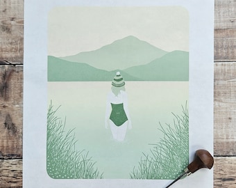 Still Water- Original reduction linocut print of a wild swimmer  (Limited edition of 22)