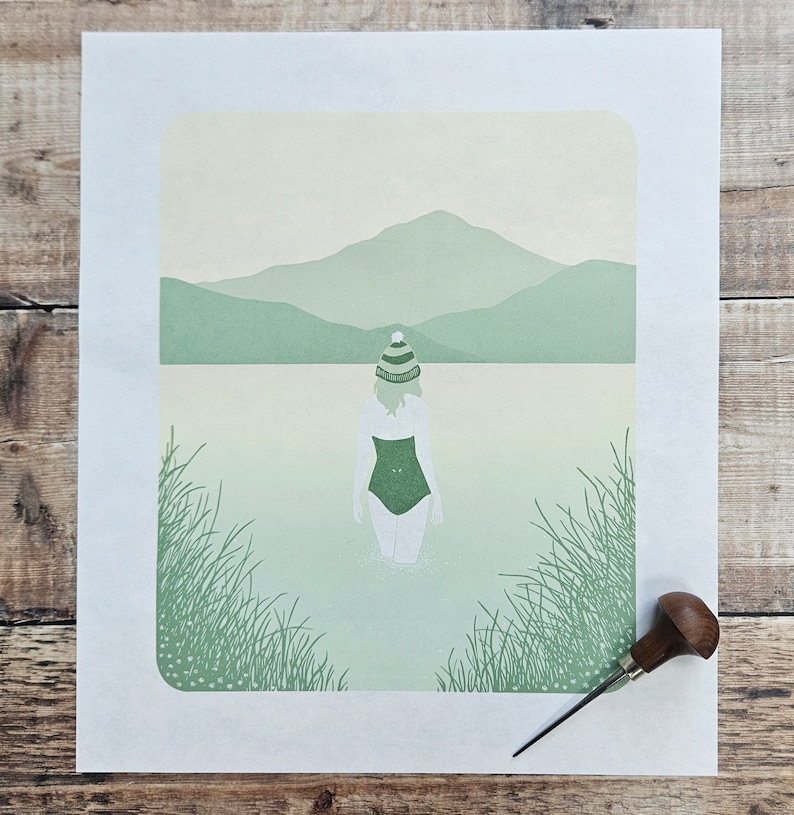 Still Water Original reduction linocut print of a wild swimmer Limited edition of 22 image 1