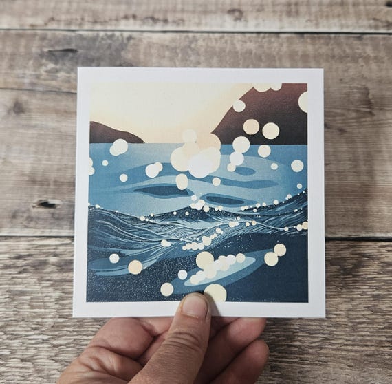 Bokeh Greetings Card: Linocut Artwork, Beachscape, Seascape, Recycled Card