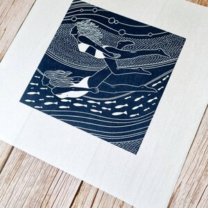 Flowing friends Original linocut print of two women swimming underwater image 7