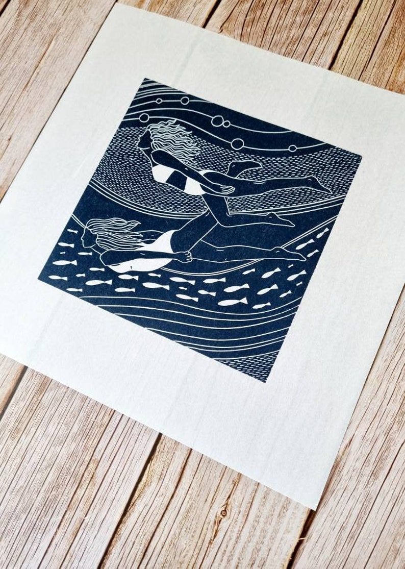 Flowing friends Original linocut print of two women swimming underwater image 7