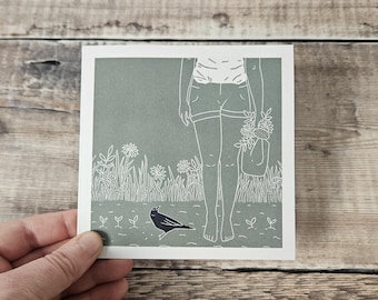 Blackbird Greetings Card - Garden Birds, Gardening, Planting flowers, Linocut, Recycled