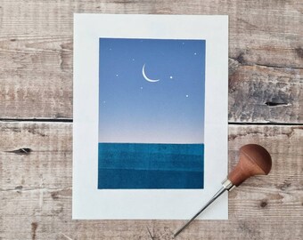 Still Horizon - Original reduction linocut print of a crescent moon above a calm sea