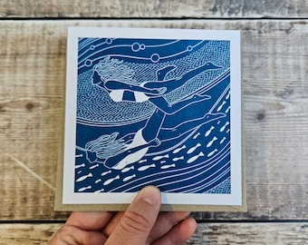 Flowing Friends Greetings Card: Wild Swimming, Linocut Print, Recycled Card