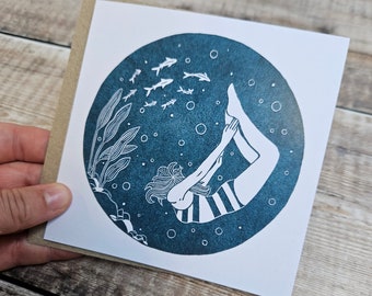 Wonder- Single square greetings card inspired by wild swimming with a brown envelope (blank inside)