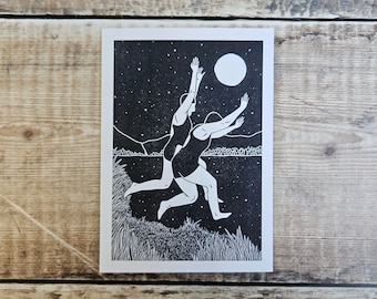 Midnight Splash Greetings Card: Wild Swimming, Full Moon, Night Swim, Linocut Artwork, Recycled Card