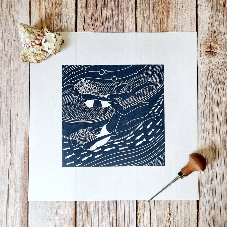 Flowing friends Original linocut print of two women swimming underwater image 1