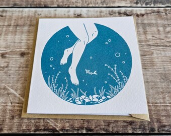 Below- Single square greetings card inspired by swimming in the sea with a brown envelope (blank inside)