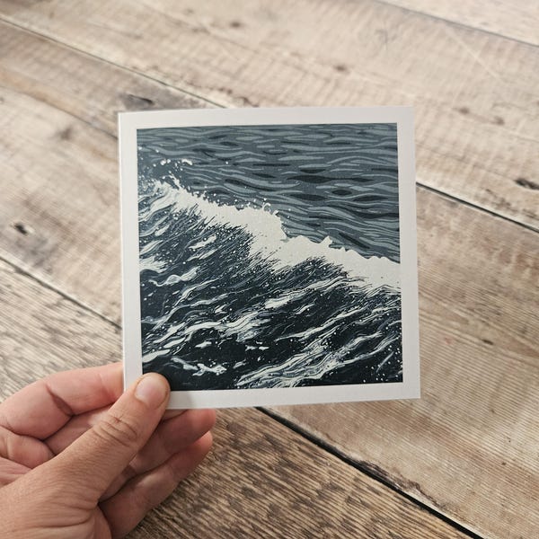 Atlantic Wake Greetings Card: Linocut Artwork, Ocean Wave, Recycled Card