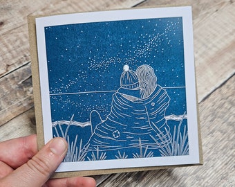 One Hundred Stars Greetings Card: Linocut Starry Night Design, Recycled Card