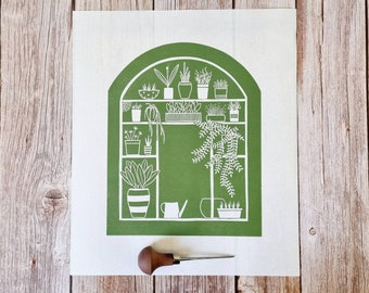 Glasshouse -  Original green linocut print of a greenhouse with potted plants