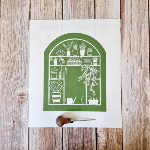Glasshouse -  Original green linocut print of a greenhouse with potted plants
