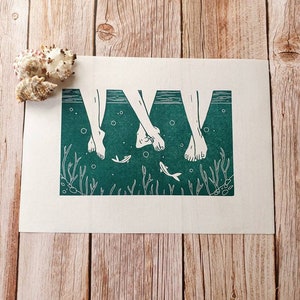 Riverside - Original linocut print inspired by wild swimming in the great outdoors with friends