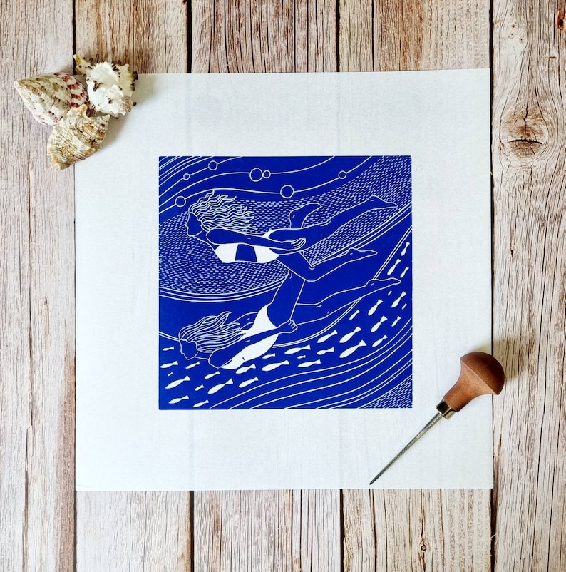 Flowing friends Original linocut print of two women swimming underwater image 3