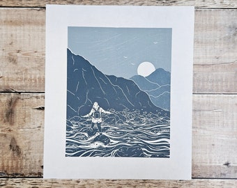 Stepping Stones - Original limited edition linocut print of a person crossing a waterfall while hiking