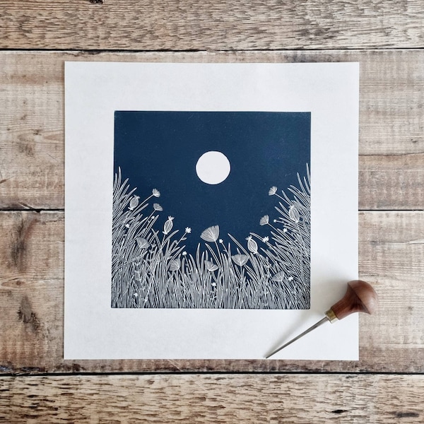 Quiet Night- Original linocut print of wildflowers beneath a bright full moon (Dark Prussian Blue)