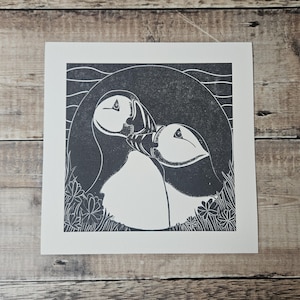 Puffins and Thrift- Archival quality Giclée print recreated from my original linocut featuring two puffins