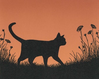 猫のシルエットリノカット版画：オリジナル限定版アート - Etsy 日本