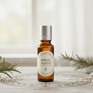 以下が含まれることがあります： シルバーのキャップが付いた、"ANSZ INSIGHT Essential Oil Blend"とラベルされた小さな琥珀色のガラス瓶。 瓶は円形のデザインの木製の表面に置かれています。 ローズマリーの小枝と滑らかな石が背景にあります。