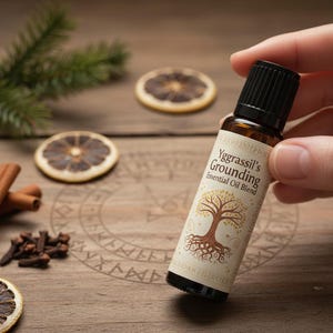 May include: A brown glass essential oil bottle with a black cap is held by a hand. The label reads "Yggdrasil's Grounding Essential Oil Blend" with a tree illustration. Cinnamon sticks, cloves, and dried citrus slices are on a wooden surface.