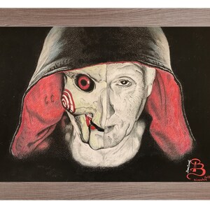 Stampa e disegno originale fatto a mano con matite colorate di Saw, l'enigmista