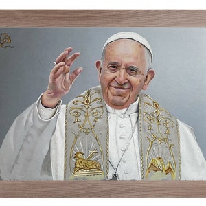 Stampa da disegno originale fatto a mano con matite colorate di Papa Francesco (Jorge Mario Bergoglio)