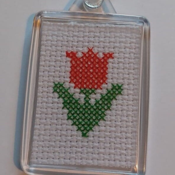 Tulip Small Cross Stitch Keyring - Completed