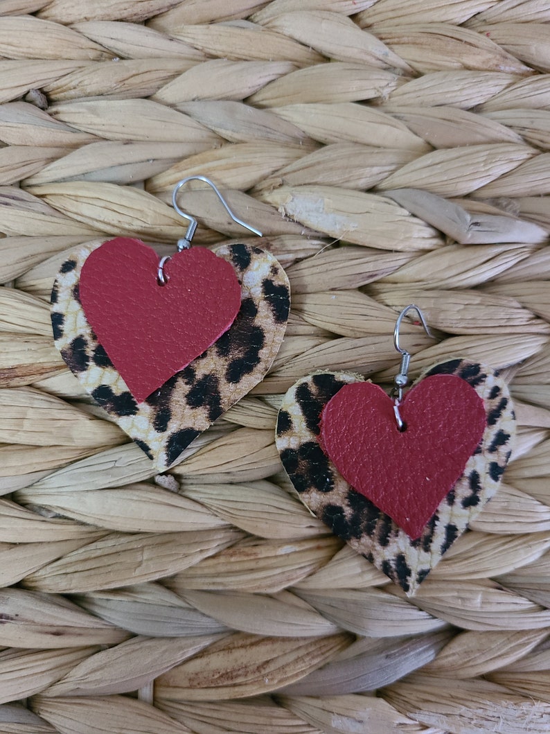 Valentine/'s Day gift animal print earrings lightweight earrings red leather earrings Valentines Day earrings heart earrings