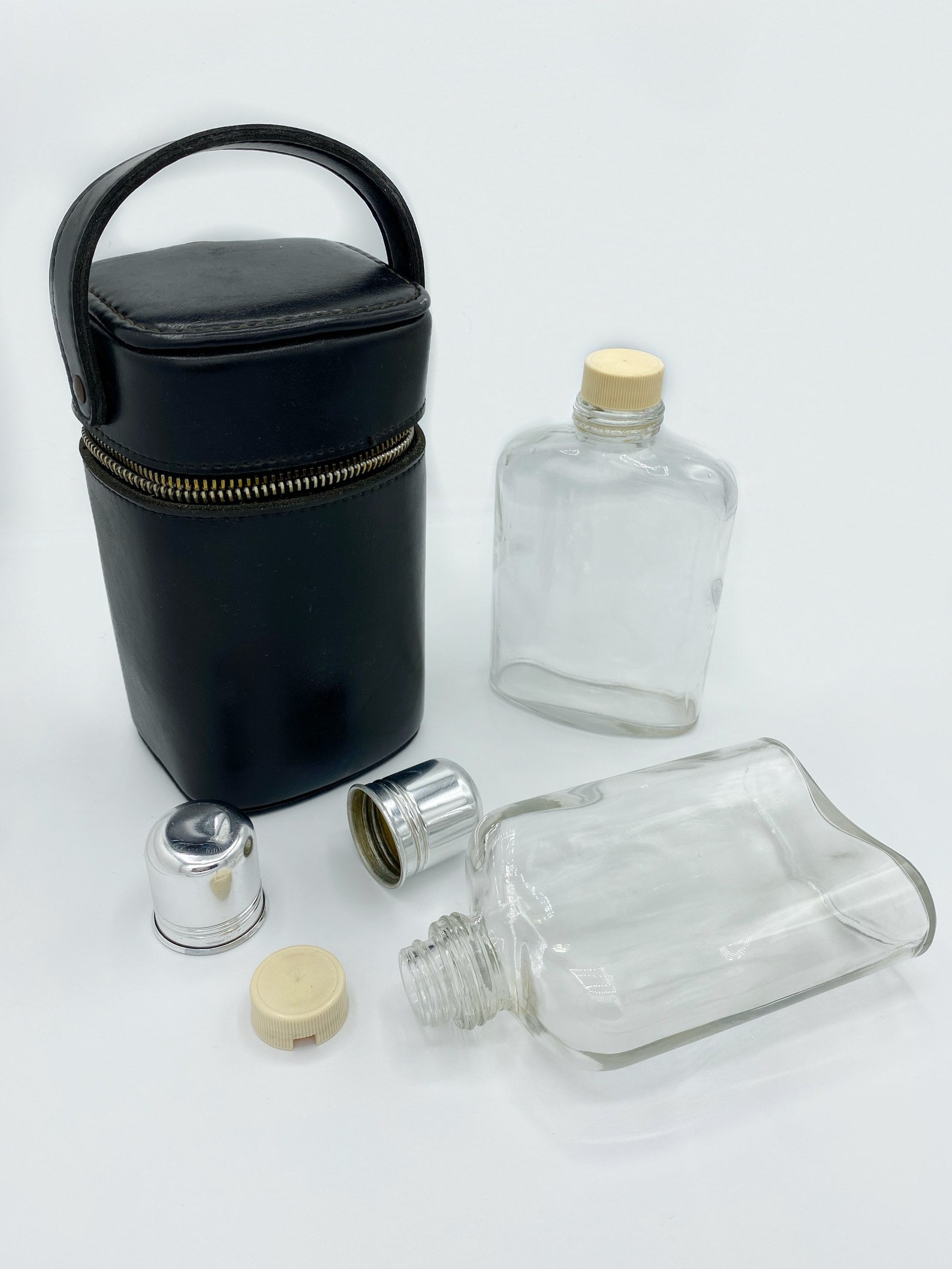 Glass Whiskey Flasks with Black Leather Case Etsy