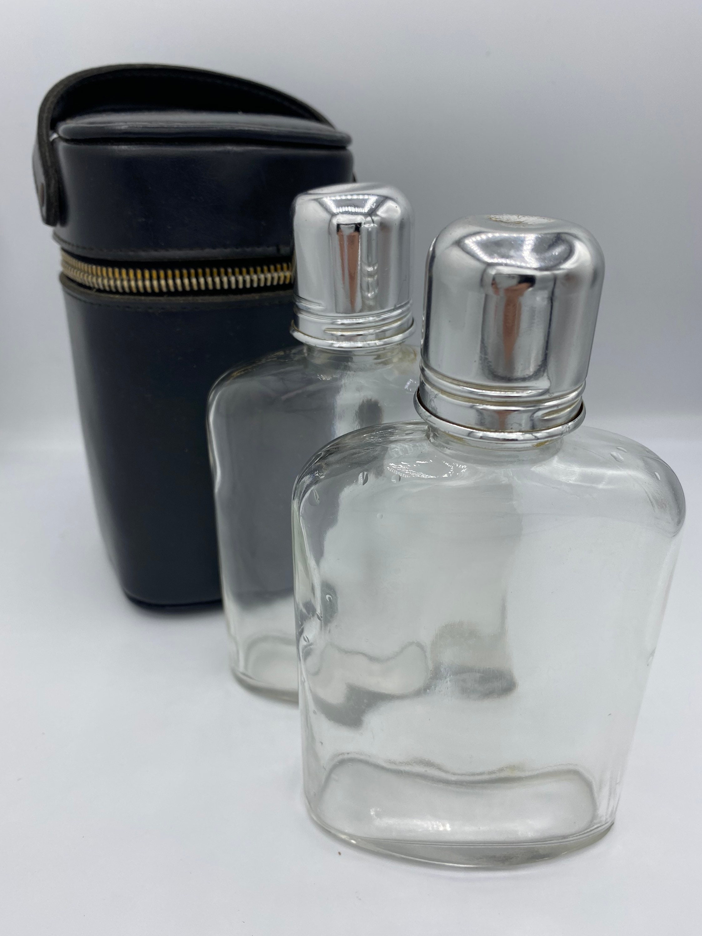 Glass Whiskey Flasks with Black Leather Case Etsy