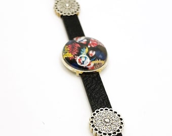 Black and silver faux leather bracelet with 25mm tropical colored printed glass cabochon unique handmade (adult size)