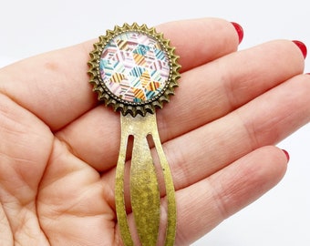 Bookmark bronze paperclip and 20mm round glass cabochon printed unique handmade colorful geometric patterns