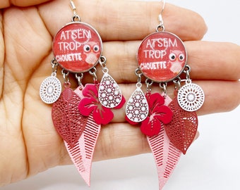 Atsem too cool. Personalized end of year gift for assistants. Silver, pink and white earrings with owl. Unique